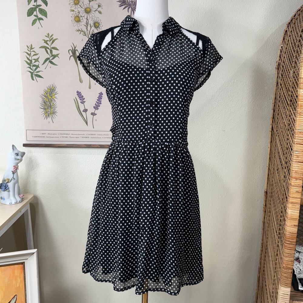 90s Y2k Polka Dot Sheer Cut Out Shoulder Back Dress Gothabilly Rockabilly Twee S